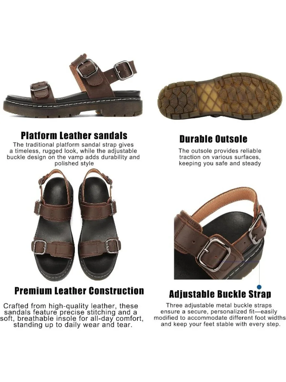 Womens Coffee Brown Adjustable Double Strap Chunky Footbed Platform Sandal Shoes